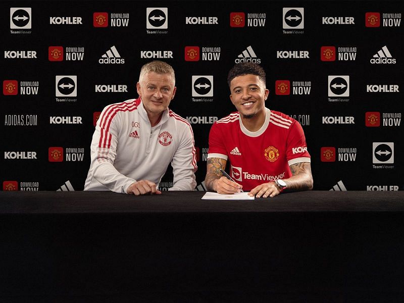 Manchester United manager Ole Gunnar Solskjer and Jadon Sancho