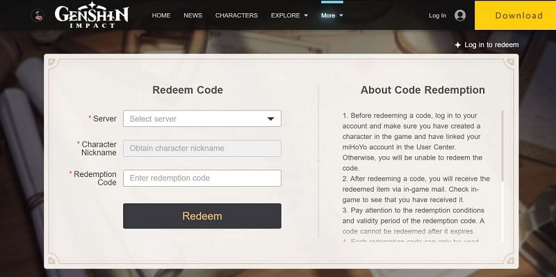 The online redemption page (Image via Genshin Impact)