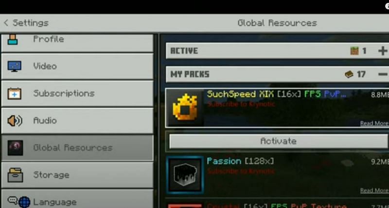 If all has been done correctly, players can activate the X-ray texture pack in this menu (Image via YouTube, FryBry)
