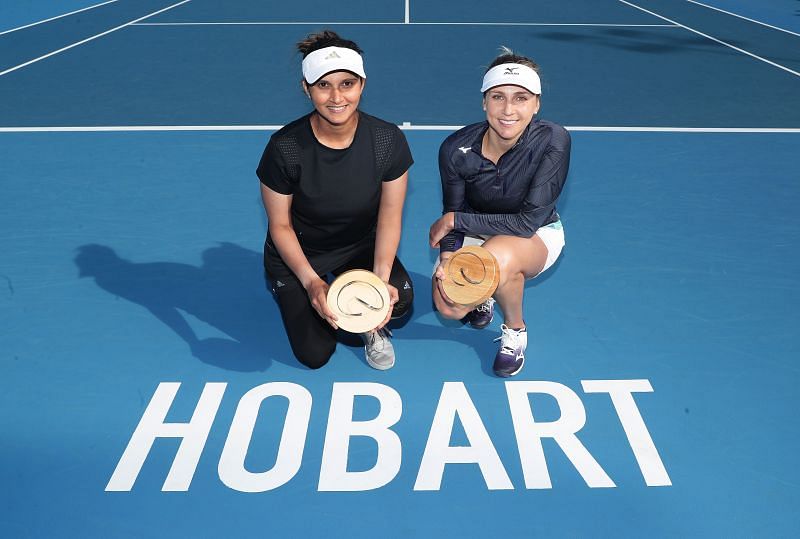 Sania Mirza (L) with Nadiia Kichenok at the 2020 Hobart International.