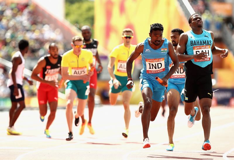 Arokia Rajiv running the last leg of the men&#039;s 4x400m heats at the Commonwealth Games 2018