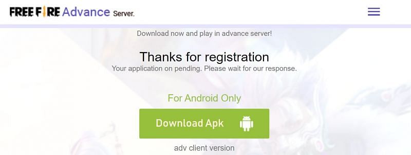 Tap the &quot;Download APK&quot; button to get the APK file for the latest Advance Server (Image via Free Fire)