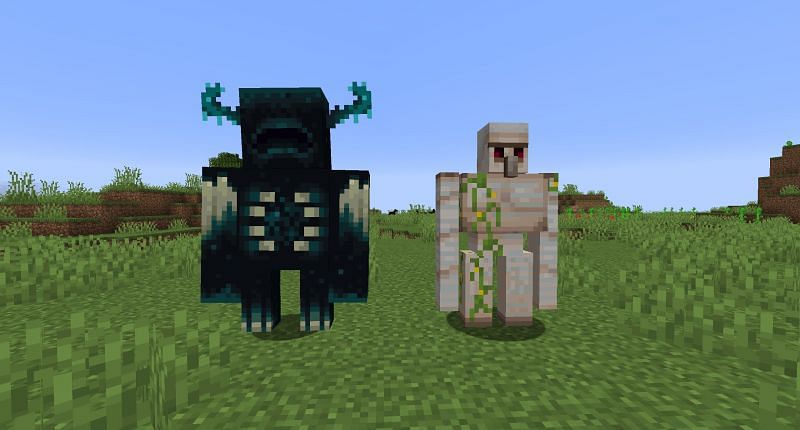 The Warden compared to an iron golem (Image via Minecraft wiki)