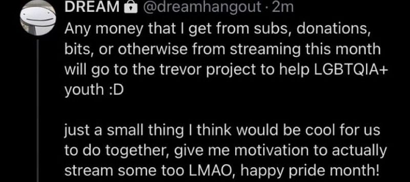 Dream tweeted from a now-deleted account claiming to donate for Pride month (Image via Twitter)
