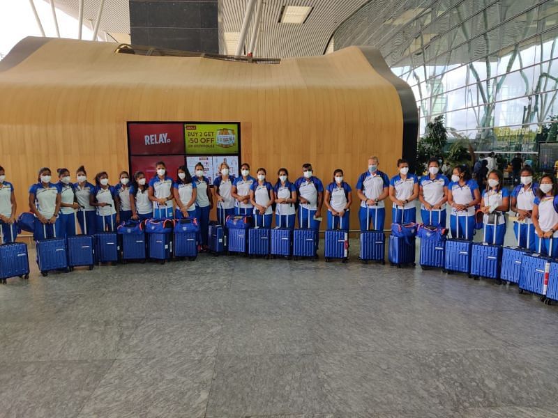 The Indian women&#039;s team at the Bengaluru airport. (PC: Hockey India)