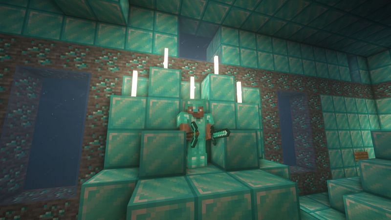 Steve standing on a diamond throne (Image via Minecraft)