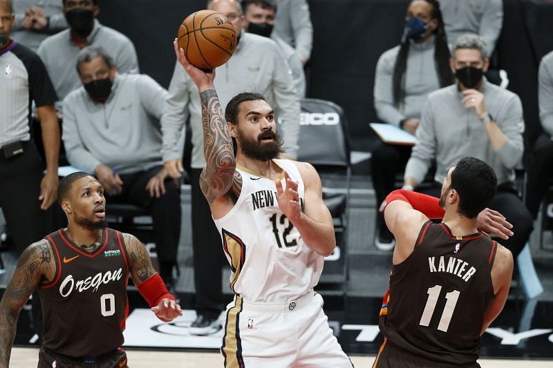 Steven Adams #12 of the New Orleans Pelicans in action against the Portland Trail Blazers