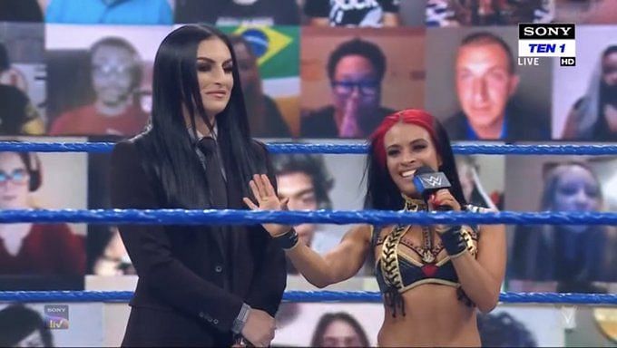 Zelina Vega and Sonya Deville in a WWE SmackDown ring