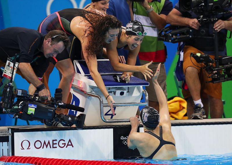 Team United States celebrate winning the Women&#039;s 4 x 200m Freestyle Relay Final on Day 5 of the Rio 2016 Olympic Games at the Olympic Aquatics Stadium