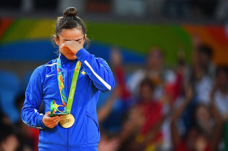 Judoka Majlinda Kelmendi in tears after winning gold in women&#039;s 52kg judo at Rio Olympics 2016