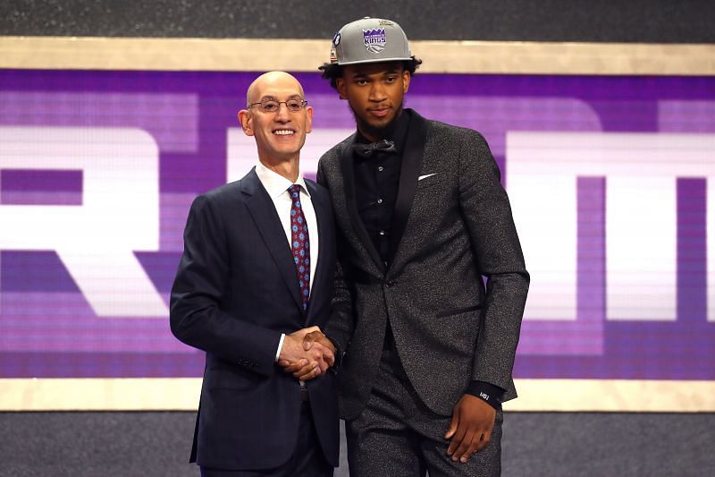 Marvin Bagley III poses with NBA Commissioner Adam Silver after being drafted second overall by the Sacramento Kings during the 2018 NBA Draft