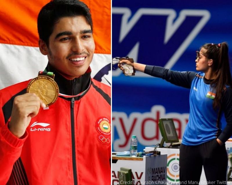 Saurabh Chaudhary and Manu Bhaker in action (Credits: Saurabh Chaudhary and Manu Bhaker Twitter)