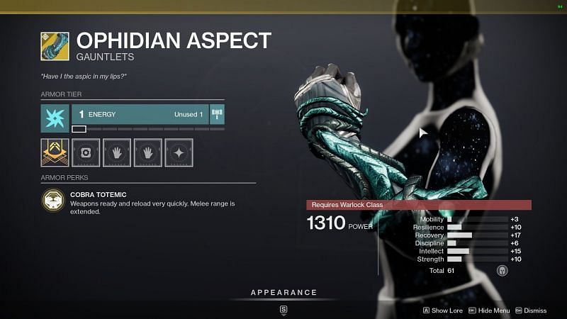 Destiny 2 exotic gauntlet Ophidian Aspect (image source Destiny 2 the game)