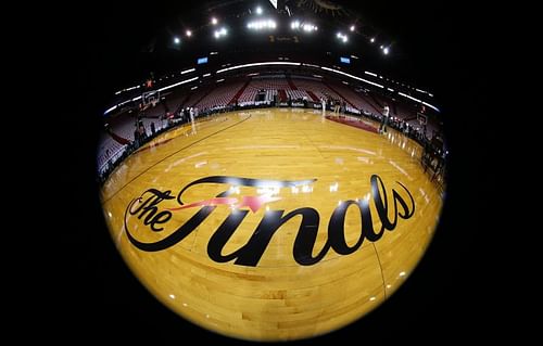 The NBA Finals logo as seen on one of the courts