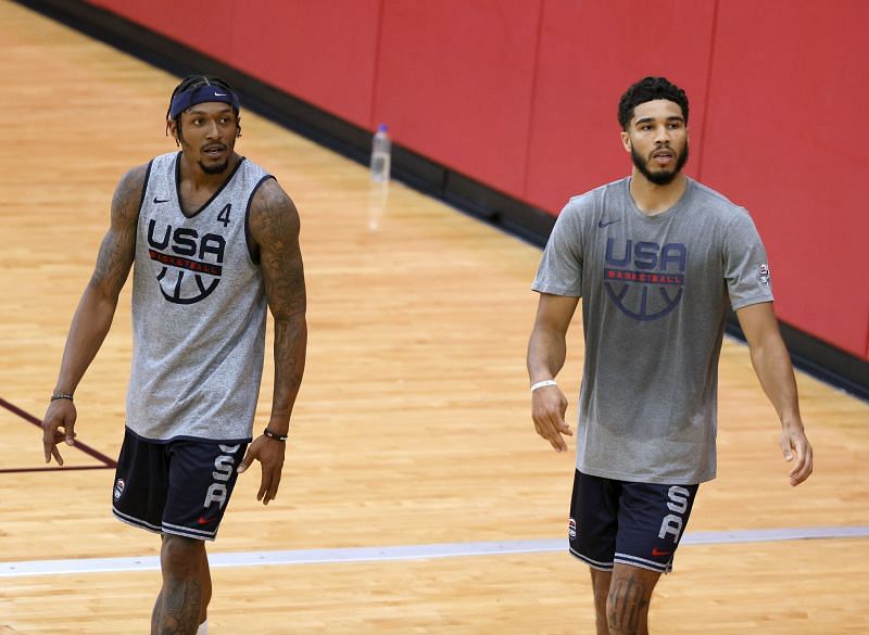 Bradley Beal #4 and Jayson Tatum #10 of the 2021 USA Basketball Men&#039;s National Team at practice