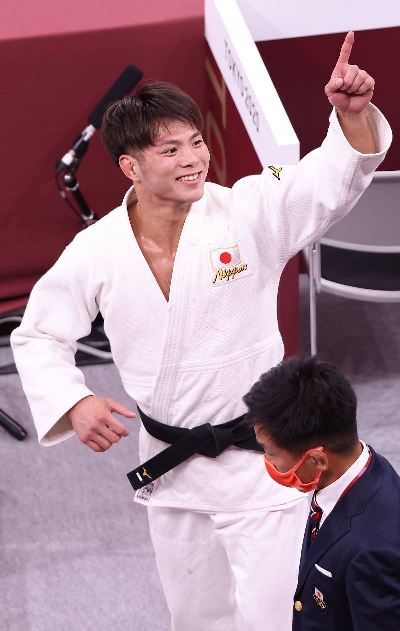 Hifumi Abe of Team Japan celebrates after he defeated Vazha Margvelashvili of Team Georgia at Tokyo Olympics 2020