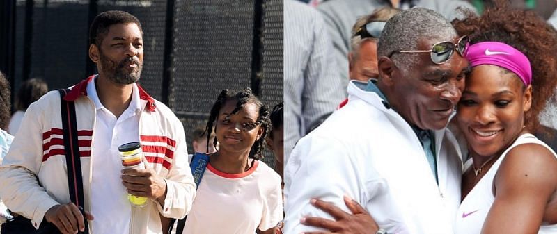 Will Smith as Richard Williams in &quot;King Richard (2021).&quot; Richard and Serena Williams in 2012 Wimbledon. (Image via Warner Bros. Pictures, and Alastair Grant/Associated Press)