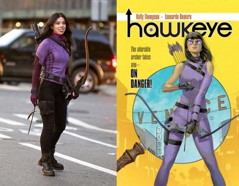 Hailee Steinfeld as Kate Bishop in the series, and Kate Bishop in the comics. (Image via: Jose Perez/Bauer-Griffin/GC Images and Marvel Comics)