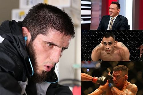 Islam Makhachev (left) takes a shot at Michael Chandler (top right), Tony Ferguson (right center), and Rafael dos Anjos (bottom right) [Images Courtesy: @islam_makhachev and @mikechandlermma on Instagram]