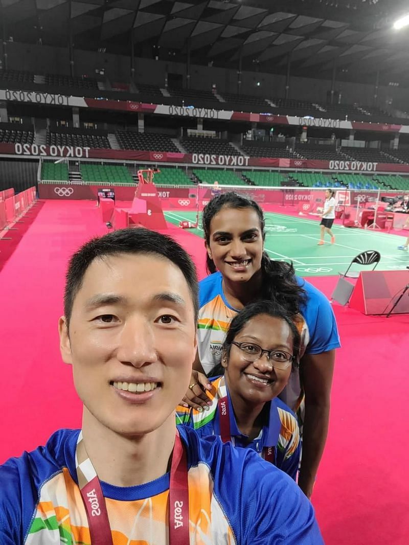 PV Sindhu with her coach Park Tae-Sang and physiotherapist Evangeline Baddam