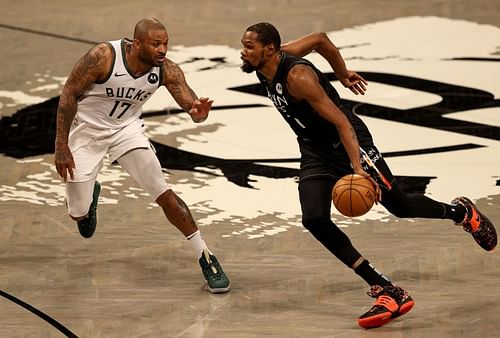 PJ Tucker (left) in action during the 2021 NBA Playoffs