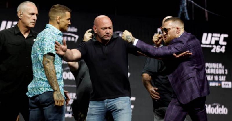Dustin Poirier and Conor McGregor at the UFC 264 pre-fight press conference