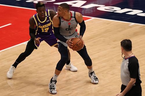 Russell Westbrook #4 goes up against Dennis Schroder #12