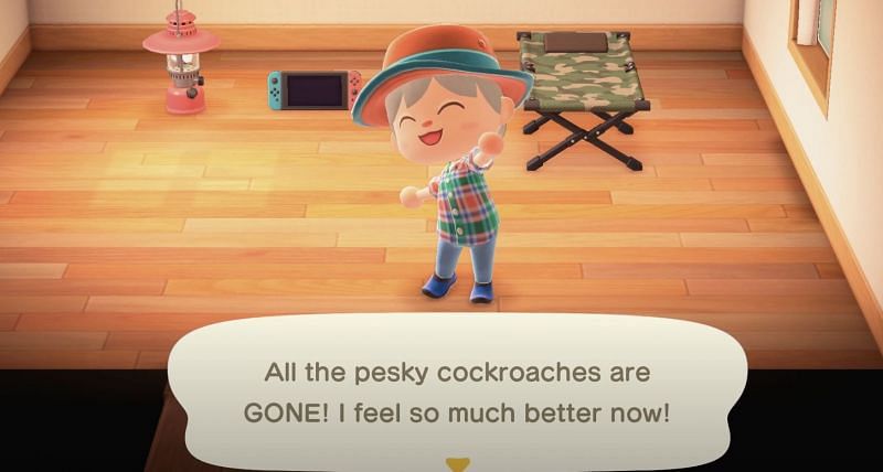 Pop-up after players kill all cockroaches in Animal Crossing: New Horizons (Image via Nintendo Switch)