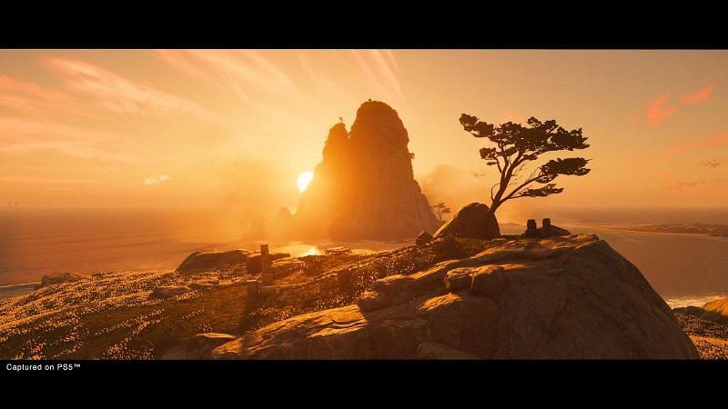 A stunning vista from Iki Island captured on PS5 edition of Ghost of Tsushima: Director&#039;s Cut (Image via PlayStation)