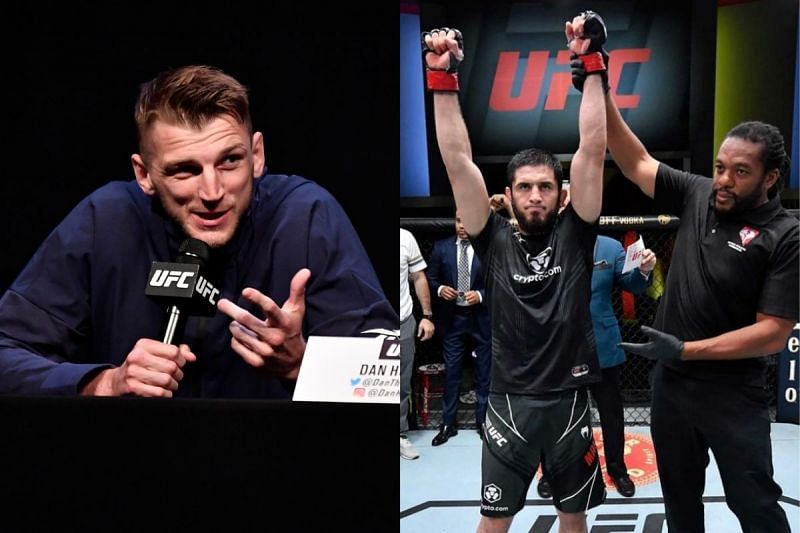 Dan Hooker (left) takes a jibe at Islam Makhachev (right) and his camp