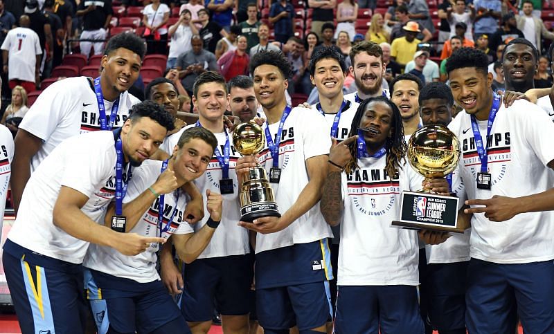 The Memphis Grizzlies celebrate the team&#039;s 95-92 victory over the Minnesota Timberwolves to win the championship game of the 2019 NBA Summer League