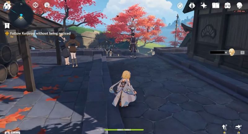 Players crouching while creating a distance when tailing Keijirou (Images via Game Guide Channel, Youtube)