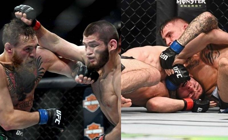 Conor McGregor punches Khabib Nurmagomedov at UFC 229 (left); Khabib Nurmagomedov tries to escape Dustin Poirier&#039;s guillotine choke at UFC 242 (right)