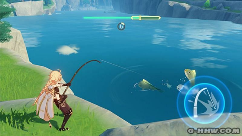 The Traveler reeling in a struggling fish (image via Honey Impact)