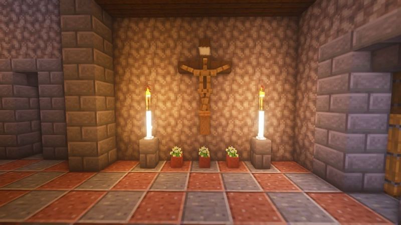 A Minecraft player crafts a crucifix with multiple armor stands and some patience (Image via u/JIen_09 on Reddit)