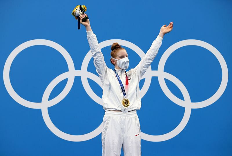 Lydia Jacoby of Team United States poses with the gold medal for the Women&#039;s 100m Breaststroke Final on day four of the Tokyo 2020 Olympic Games