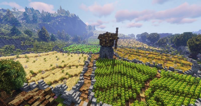 An absolutely massive crop farm with multiple types of crops in Minecraft (Image via xAmiii2 on Twitter)
