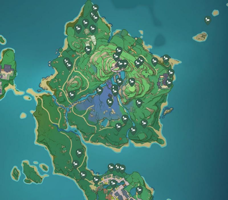 A map showing off all of the Sakura Bloom spawn locations in Genshin Impact (Image via Map Genie)