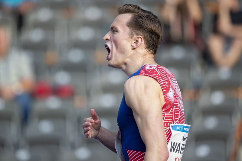 Karsten Warholm celebrates after breaking the world record in 400m hurdles