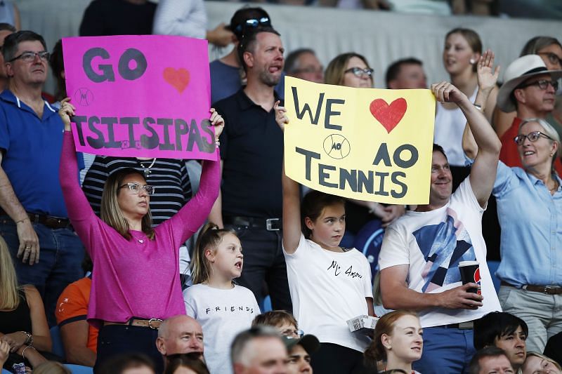 Fans cheer for Stefanos Tsitsipas at the 2020 Australian Open