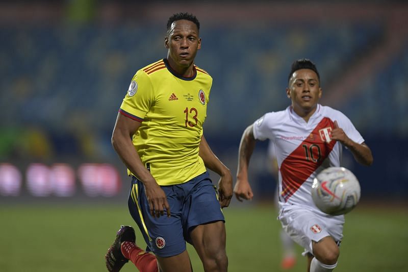 Yerry Mina (left) in action for Colombia