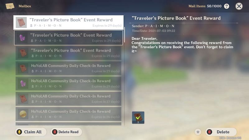 Claiming event rewards (image via Genhsin Impact)