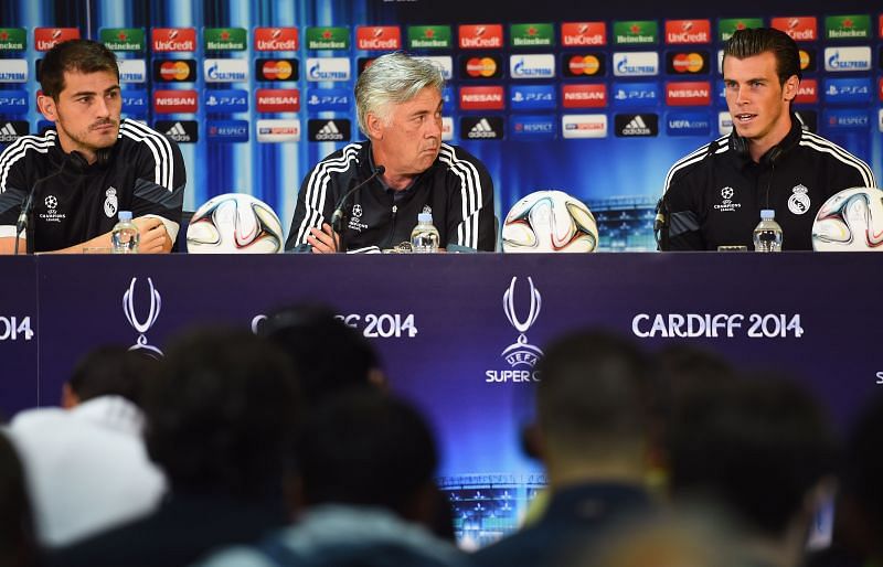 File photo of Real Madrid manager Carlo Ancelotti with Gareth Bale (right). (Photo by Handout/UEFA via Getty Images)