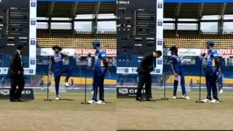Shikhar Dhawan&#039;s hilarious thigh-five at the toss on Friday.