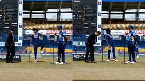 Shikhar Dhawan's hilarious thigh-five at the toss on Friday.