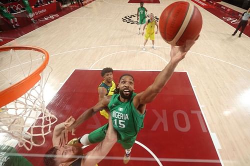 Jahlil Okafor (#15) of Team Nigeria pulls down a rebound against Australia.