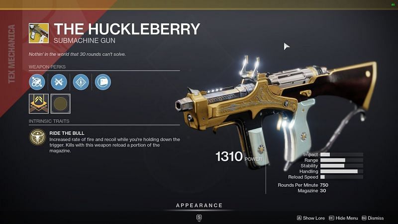 Destiny 2 exotic submachine gun The Huckleberry (Image source Bungie)