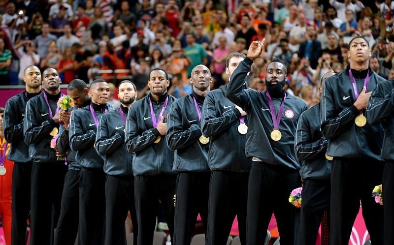 Gold medallists the United States pose on the podium - 2012 Olympics.