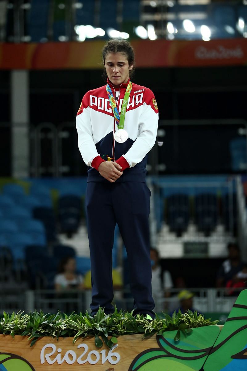 Silver medalist Natalia Vorobeva of Russia stands on the podium