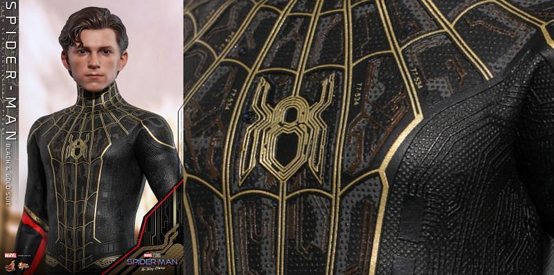 Electrical circuit tracings in the new suit (Image via Facebook/Hot Toys, Marvel Studios, Sony)